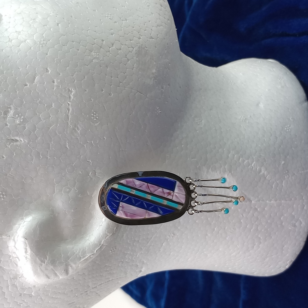 Vintage Native American Multi Stone On Sterling Silver Dangle Earrings Post - Picture 3 of 16